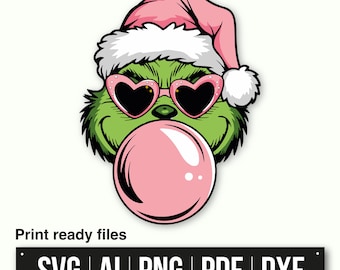 Grinch Bubblegum SVG | Cool Christmas Grinch Face with Heart Sunglasses | Fun Holiday Decoration Vector | Christmas Grinch Design