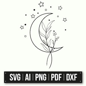 Minimalist Crescent Moon Design | Floral Moon Phase | Celestial Art | Black And White Illustration | Instant Download | Moon Clipart