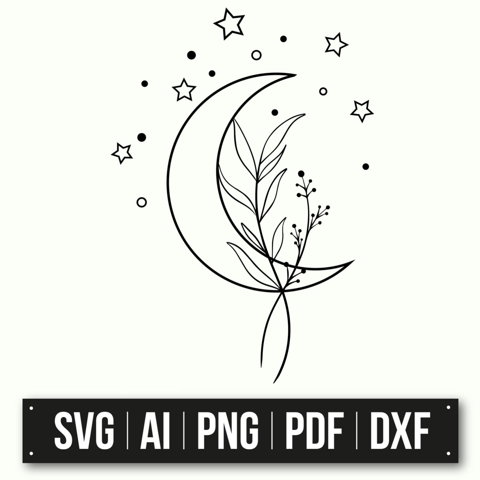 Minimalistisches Crescent Moon Design | Florale Mondphase | Himmlische Kunst | Schwarz-Weiß-Illustration | Sofortdownload | Mond Clipart
