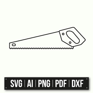 Puede incluir: Un dibujo en blanco y negro de una sierra de mano. La sierra tiene una hoja dentada y un mango con un agujero.