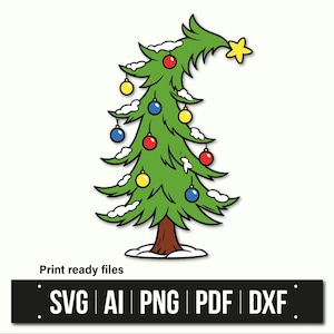 Op de afbeelding: Illustratie van een cartoon kerstboom. De groene boom is versierd met kleurrijke ballen en bekroond met een gele ster. De basis van de boom is bruin. De afbeelding bevat de tekst "Print ready files" en bestandstype-opties.
