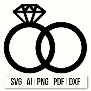 Puede incluir: Silueta en blanco y negro de dos anillos entrelazados con un diamante en la parte superior. Los anillos son un símbolo de matrimonio y compromiso.