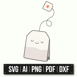 May include: A white tea bag with a smiling face and closed eyes. The tea bag has a string attached to a small tag with a red heart on it.