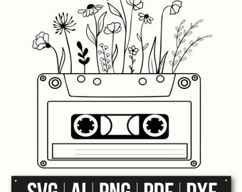 Retro Cassette Tape With Flowers | Instant Download | Vintage Music Decor | Floral Illustration | Printable Wall Art | SVG PNG PDF