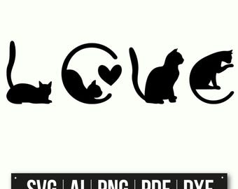 Love Cat Silhouette Art | Cat Lover Decor | Heart And Cat Design | Pet Lover Gift | Animal Silhouette SVG | Instant Download
