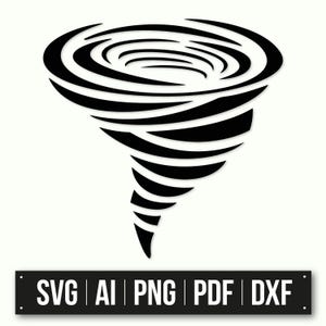 Puede incluir: Silueta en blanco y negro de un tornado, un vórtice de viento giratorio, con un patrón rayado.