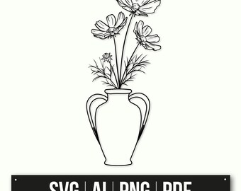 Black And White Flower Vase Illustration | Minimalist Art | Instant Download | Floral Vase Svg File | Home Decor | Flower Clipart