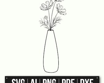 Minimalist Line Art Flower Vase | Instant Download | Black And White Art | SVG Cut File | Modern Floral Design | Home Decor