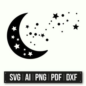 Ontwerp met wassende maan en sterren | Direct downloaden | Hemelse vectorkunst | Maan silhouet SVG | Nachtelijke hemeldecoratie | DIY-knutselbestanden