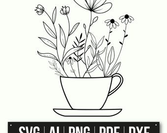 Minimalist Floral Illustration | Tea Cup With Flowers | Instant Download | Line Art Design | Home Decor | Botanical Drawing | SVG PNG PDF