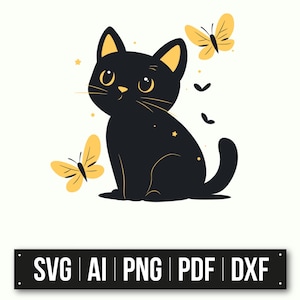 Illustration de chat mignon | Chaton noir avec des papillons | Art animalier minimaliste |  Conception fantaisiste de chat