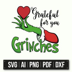 Wdzięczny za Ciebie Grinches | Clipart świąteczny | Grinch ręka trzymająca serce | Ilustracja z kreskówki świątecznej | Projekt sztuki świątecznej