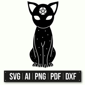 Silhueta de gato místico com pentagrama | Arte de gato celestial | Gato esotérico SVG | Design de gato estrelado à noite | Download instantâneo