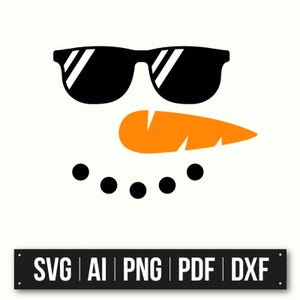 Minimalistisch sneeuwpopgezicht met zonnebril | Winterdecoratie | Kerstclipart | Sneeuwpop-svg | Wortelneus | Direct downloaden