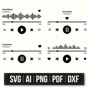 May include: Four black and white music player interface designs with various controls, including play, pause, rewind, fast forward, repeat, shuffle, and heart icons. The designs include a progress bar with time stamps, a song name, and an artist name.