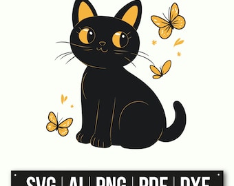 蝶とかわいい黒猫 | 漫画猫のイラスト | すぐにダウンロード | 猫好き