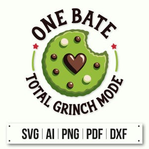 May include: A green cookie with a bite taken out of it, decorated with chocolate chips and white sprinkles. The cookie has a chocolate heart in the center. The text around the cookie reads "One Bate Total Grinch Mode".