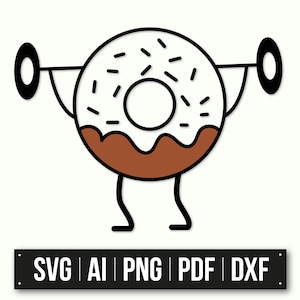 Funny Donut With Dumbbells Illustration | Instant Download | Minimalist Cartoon Style | Chocolate Glazed Donut | Fitness SVG Clipart