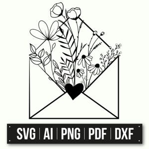 ハート付き花柄封筒 | 白黒グラフィックデザイン | すぐにダウンロード | ロマンチックなギフト | DIY プロジェクト
