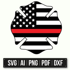 Malteser Kreuz Feuerwehr Unterstützung | dünne rote Linie amerikanische Flagge | SVG PNG PdF AI DxF | Vaterländische Wohnkultur | Feuerwehrmann Geschenk