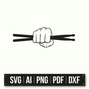 La main du batteur avec des baguettes | Art noir et blanc | Musicien SVG | Décoration de groupe de rock | Graphique de percussion | Téléchargement instantané
