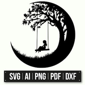 May include: Black and white silhouette of a crescent moon with a tree growing out of it. A girl sits on a swing hanging from the tree.