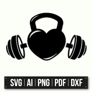 Design de Barra e Kettlebell em Formato de Coração | Download Instantâneo | Fitness SVG | Arte para Amantes de Academia | Clipart de Treino | Arte Vetorial Esportiva