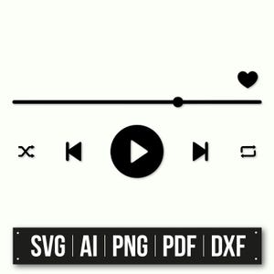 Pode incluir: Ícones de controle do reprodutor de música em preto e branco com um ícone de coração no final do controle deslizante. Os ícones incluem embaralhar, retroceder, reproduzir, avançar rapidamente e repetir.