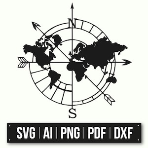 Puede incluir: Silueta en blanco y negro de una brújula con un mapa del mundo en su interior. La brújula apunta al norte, sur, este y oeste. El mapa del mundo está centrado en la brújula.