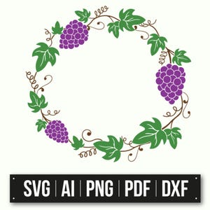 Grape Vine Wreath | Decorative Vine SVG | Instant Download | Grapes And Leaves Clipart | Wine Decor | Botanical Design | Craft Supplies