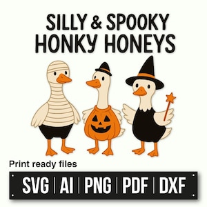 May include: A digital illustration featuring three cartoon geese dressed in Halloween costumes. One goose is wrapped in bandages, another wears a pumpkin costume, and the third is dressed as a witch. Text reads "SILLY & SPOOKY HONKY HONEYS."