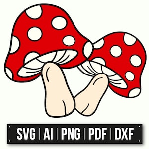 Dessin animé champignon rouge | Illustration de champignon vénéneux | SVG IA PNG PdF DxF | Conception mignonne de champignon | Fournitures créatives | Téléchargement instantané