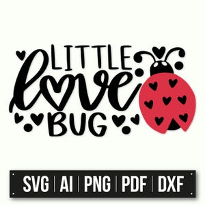 Op de afbeelding: Zwart-wit grafisch ontwerp met de tekst "Little love bug" en een rode lieveheersbeestje met zwarte stippen en harten.