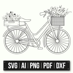 Vintage Bicycle With Flower Baskets | Floral Bike Clipart | Bicycle SVG | Retro Bike Illustration | Line Art Drawing | Home Decor Art