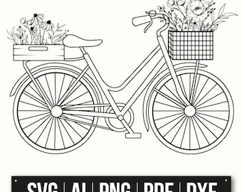Vintage Bicycle With Flower Baskets | Floral Bike Clipart | Bicycle SVG | Retro Bike Illustration | Line Art Drawing | Home Decor Art