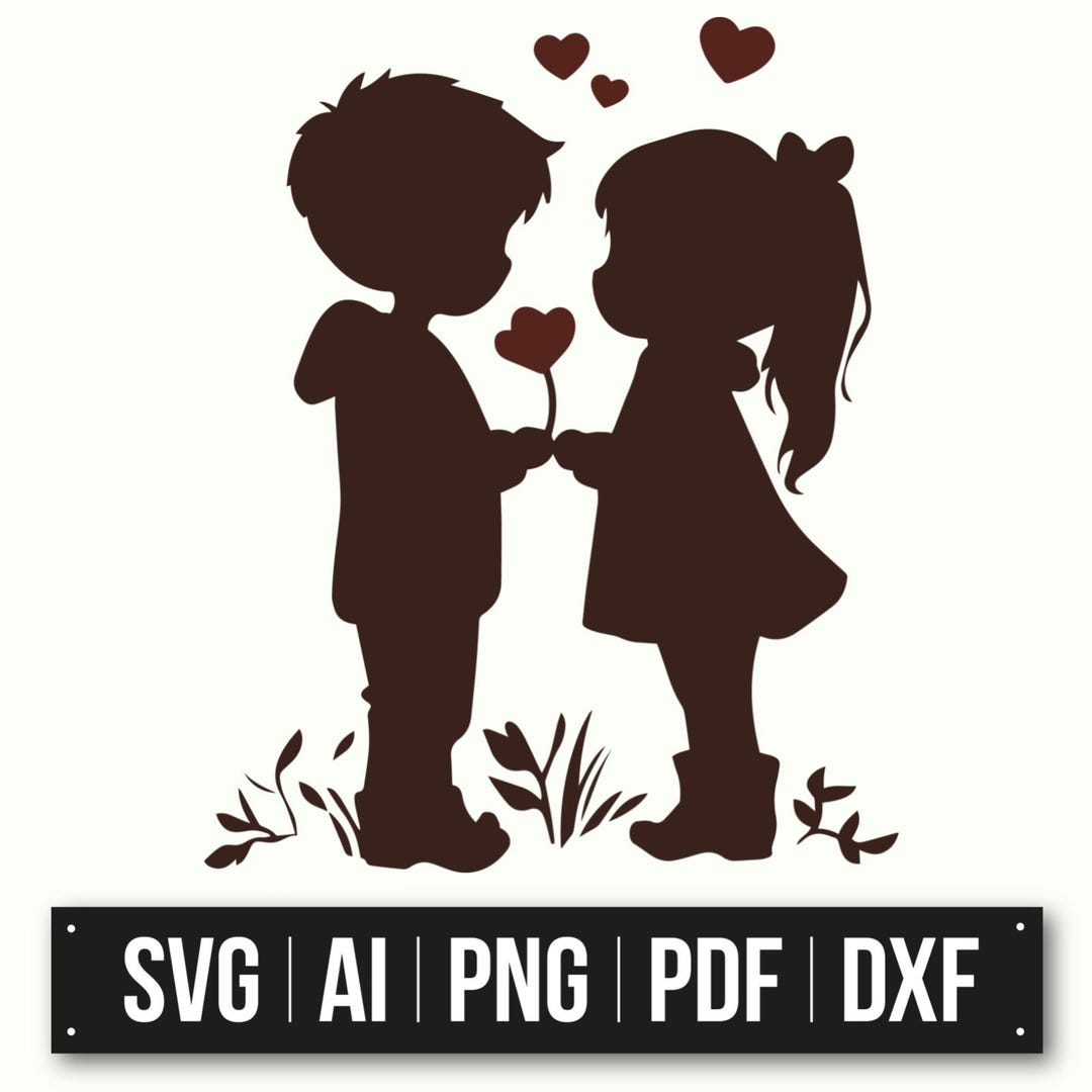 Romantic Silhouette of Boy and Girl | Heart Flower Design | Valentine's ...