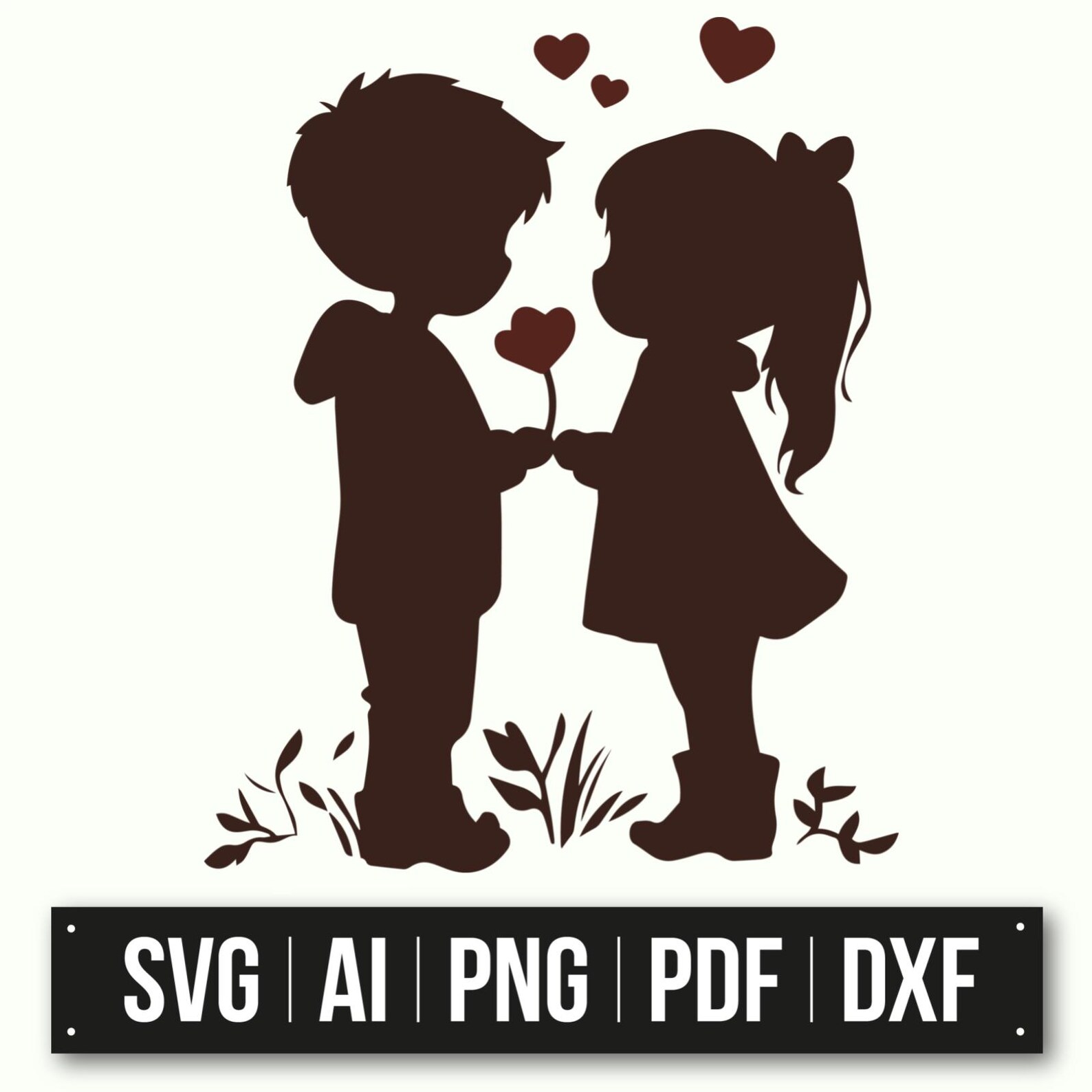 Romantic Silhouette of Boy and Girl | Heart Flower Design | Valentine's ...