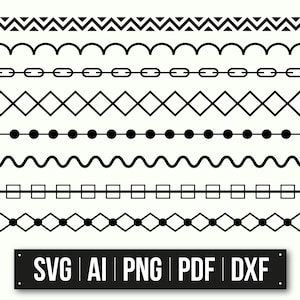 May include: A collection of black and white decorative border designs. The image features various patterns, including zigzags, scallops, chain links, diamonds, dots, waves, and squares. The bottom of the image displays the text "SVG | AI | PNG | PDF | DXF".