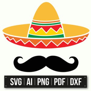 Design de bigode Sombrero mexicano | Decoração de festa de festa | Cinco De Maio SVG | Download instantâneo | Gráficos temáticos mexicanos