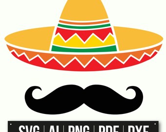 Conception mexicaine de moustache sombrero | Décoration de fête Fiesta | Cinco de Mayo SVG | Téléchargement instantané | Graphismes mexicains