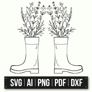 Botanische Illustration | Blumen Regen Stiefel Kunst | Schwarzweiß-Design | Gartenarbeit Dekor | Natur inspiriert | Sofortdownload