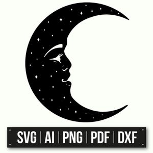 Lua Crescente Com Rosto | Arte Celestial | Ilustração de Noite Estrelada | Design Preto e Branco | Lua Mística SVG | Download Instantâneo