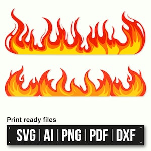 May include: Two rows of red and yellow flames, a graphic design element for digital or print projects. Print ready files: SVG, AI, PNG, PDF, DXF.