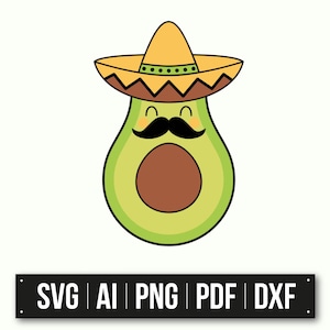 Abacate engraçado com bigode | Arte dos desenhos animados do Sombrero | Clipart de festa mexicana | Abacate fofo SVG | Decoração Cinco De Mayo | Download instantâneo