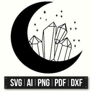 Mystical Moon And Crystal Design | Celestial Art | Boho Style | Spiritual Symbols | Crescent Moon Svg | Instant Download