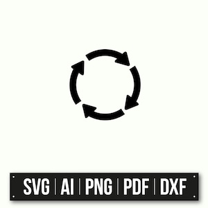 May include: Black and white circular icon with four arrows pointing in a clockwise direction, symbolizing a continuous cycle or process.