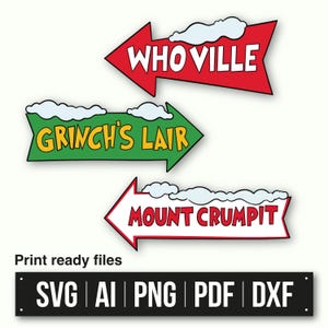 Richtungspfeil Bündel Whoville Straßenschild | Sofortdownload | Straßenschild Design | Grinch SVG |  Willkommen im Whoville Holiday Schild
