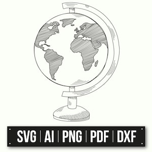Illustrazione di schizzo del globo / Download immediato / Arte in bianco e nero / Decorazione di viaggio / Arte geografica / Decorazione dell'ufficio domestico / Arte della mappa del mondo