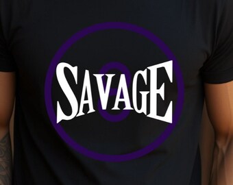 May include: Black t-shirt with a purple circle and the word "SAVAGE" in white letters.