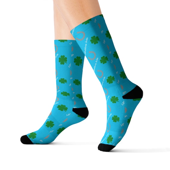 Littlestitious Socks - Turquoise, Lucky Shamrock Sublimation Socks, Fun Socks for Holidays, Everyday Wear, Great for Friends & Family